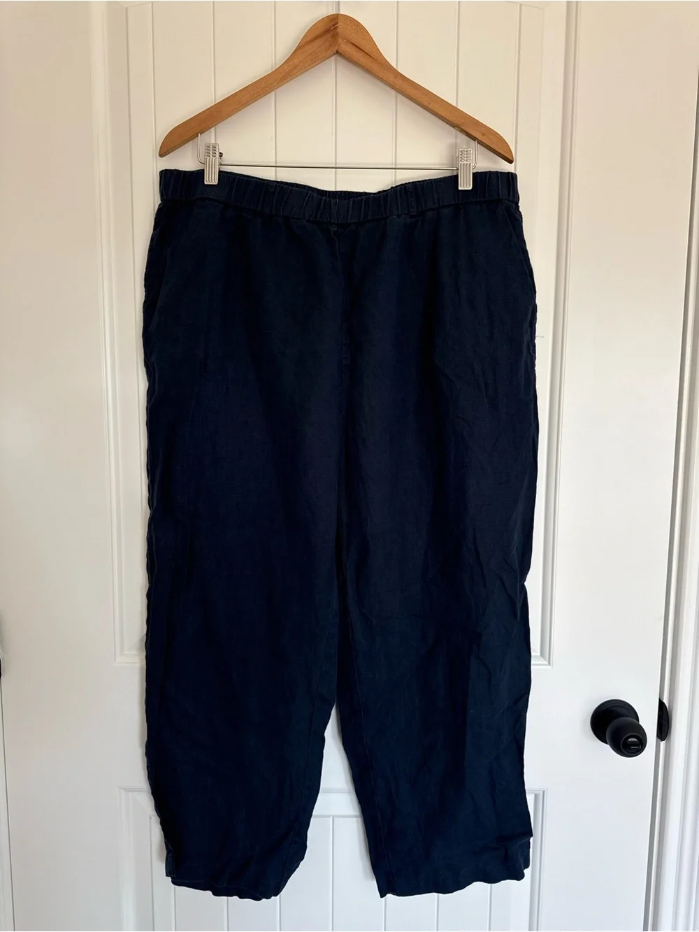 Quince 100% European Linen Pants Navy Blue Elastic Waist Wide Leg XL Womens